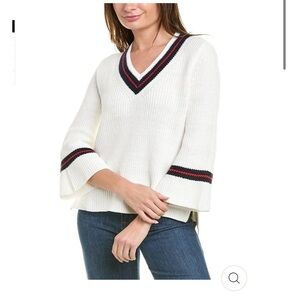 Cabi Ace pullover cream knit vneck sweater bell sleeve red blue stripe side slit